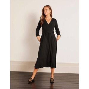 NEW Boden Black Hayden Jersey Dress Long Sleeve Midi Vneck Pockets Long 12P